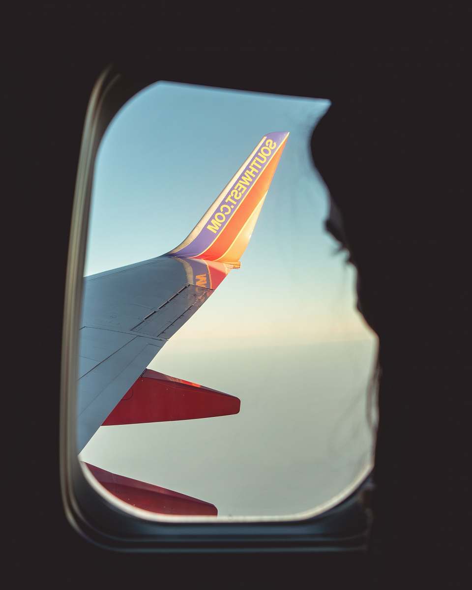 san francisco silhouette of person looking at airliner wing emblem